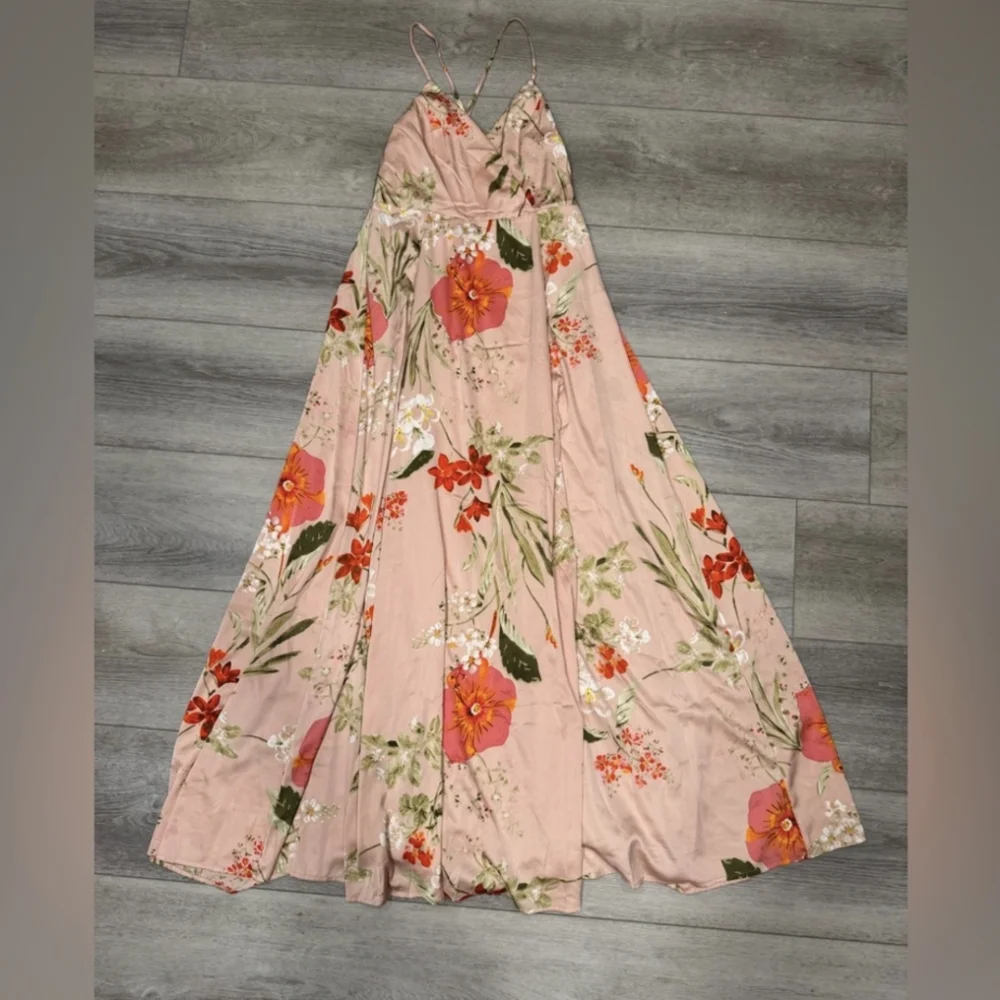 Lulus Still The One Blush Pink Floral Print Satin Maxi Dress - Size L - Picture 6 of 7